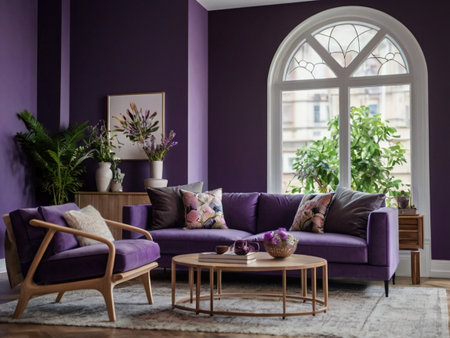 Interior design of living room with purple sofa, armchair and coffee tableの素材