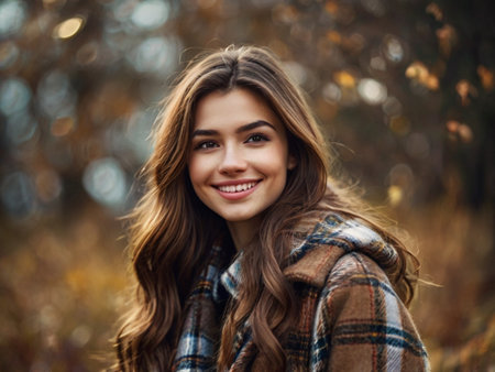 Close up portrait of a beautiful young brunette woman in autumn parkの素材