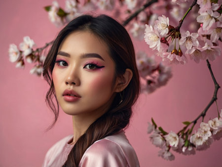 beautiful young Asian woman with pink makeup and cherry blossomの素材