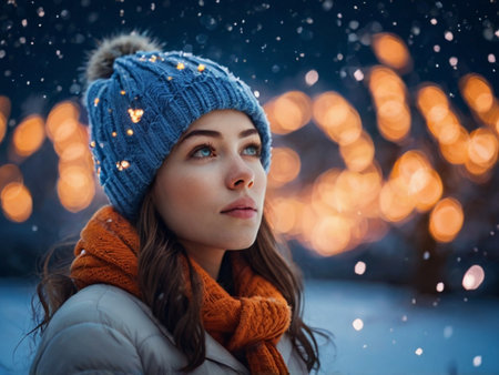 Winter portrait of a beautiful young woman in a knitted hat and scarfの素材