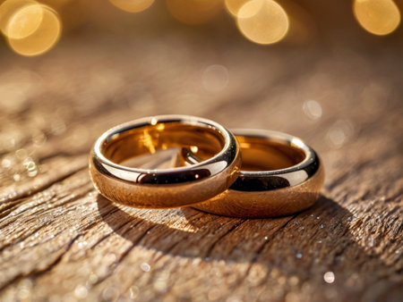 Wedding rings on wooden background with bokeh effect.の素材