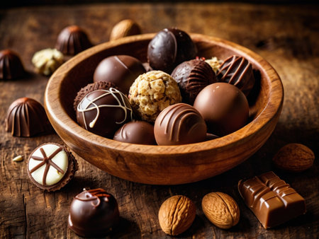Assorted chocolates in wooden bowl on rustic wooden backgroundの素材
