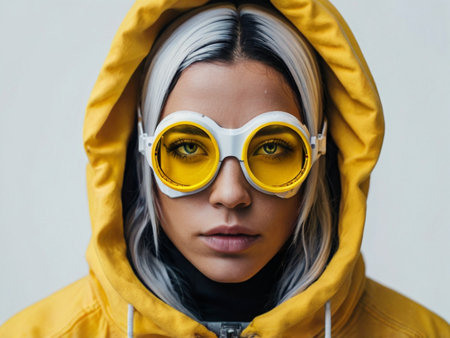 beautiful girl in yellow raincoat and sunglasses looking at camera isolated on grayの素材