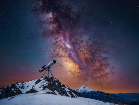 Telescope and starry sky at night in the mountains.の素材