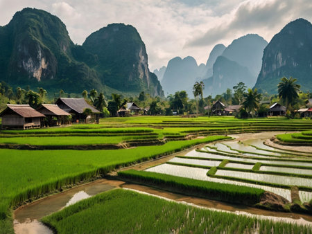 Terraced rice field in Vang Vieng, Laos.の素材