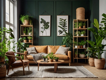 Interior of living room with green walls, wooden floor, sofa and plantsの素材