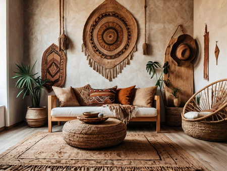 Interior of modern living room with rattan sofa, armchair, plants and decorationの素材