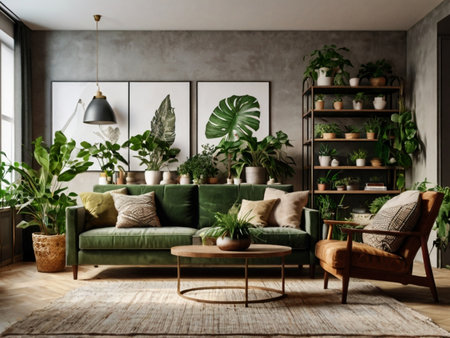Interior of modern living room with green sofa, plants and coffee tableの素材