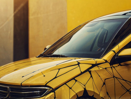 Close-up of a yellow car with broken glass on the roofの素材