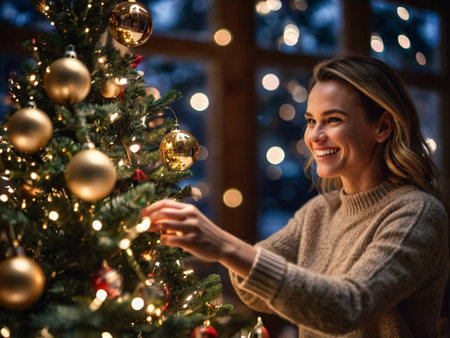 Happy young woman decorating christmas tree with baubles at homeの素材