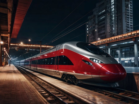 Modern high speed train in the city at night. Toned image.の素材