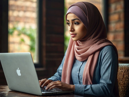 Portrait of Muslim businesswoman using laptop while sitting in cafeの素材