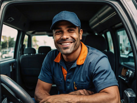 portrait of smiling auto mechanic in cap and blue uniform sitting in carの素材