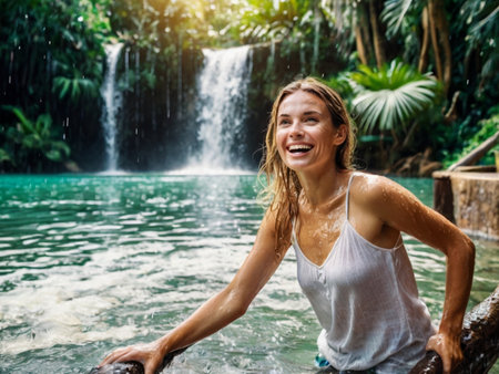 Beautiful young woman smiling and having fun at the tropical waterfall.の素材