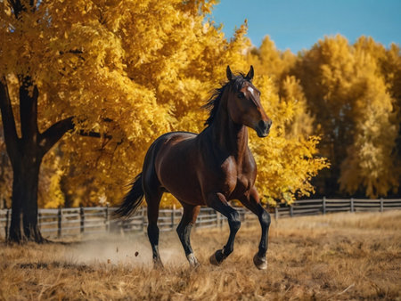 Beautiful bay horse galloping in autumn meadow with yellow treesの素材