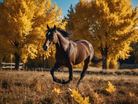 Beautiful bay horse galloping in autumn forest with yellow trees.の素材