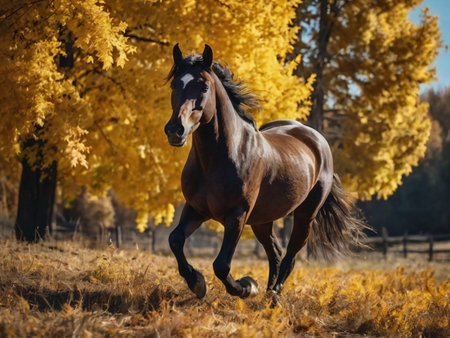 Beautiful bay horse galloping in autumn forest. Horse in fall.の素材