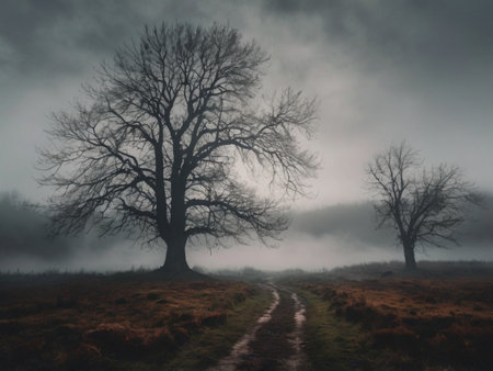 Lonely tree on a foggy morning in the English countrysideの素材