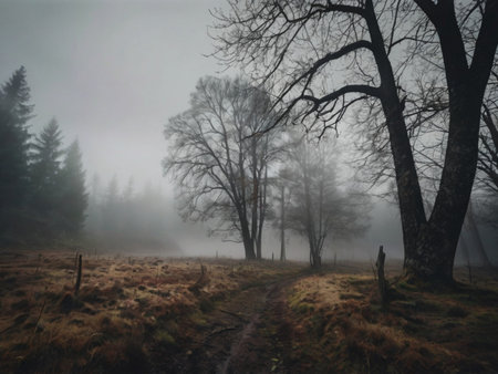 Foggy morning in the autumn forest. Foggy landscape.の素材