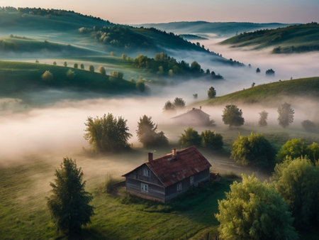 Aerial view of rural house in foggy morning. Beautiful summer landscape.の素材