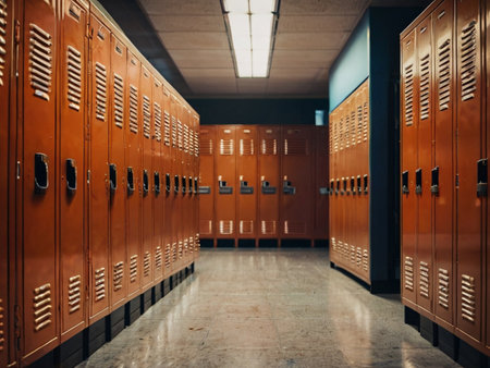 Row of orange lockers in school locker room. Selective focus.の素材