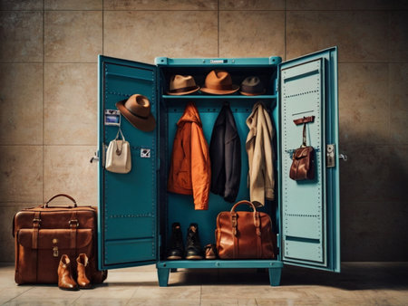 Fashionable clothes and accessories in a blue wardrobe on the floor.の素材
