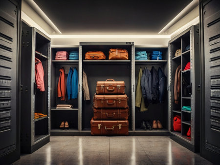 Closet with suitcases in a modern dressing room. Toned.の素材