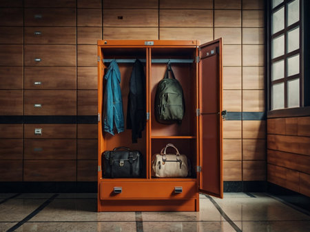 Closet with clothes and accessories in the hallway of a modern schoolの素材