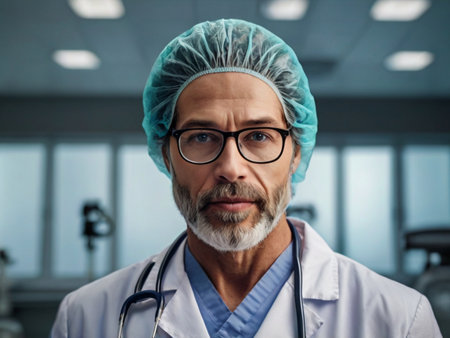 Portrait of confident male doctor looking at camera while standing in clinicの素材