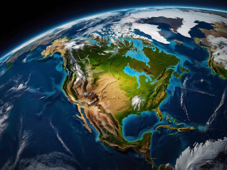 North America on planet Earth. 3D illustration with detailed planet surface.の素材
