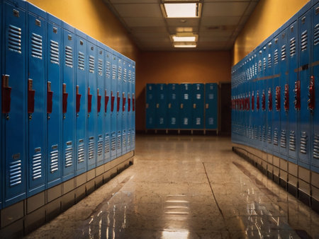 Row of blue lockers in locker room at school. Selective focusの素材
