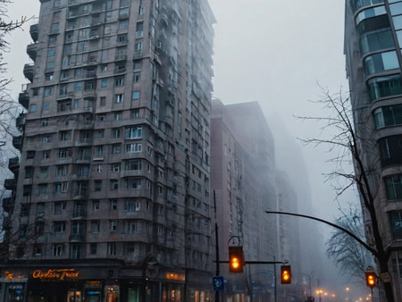 Buildings in the fog in the city of Bucharest, Romania.の素材