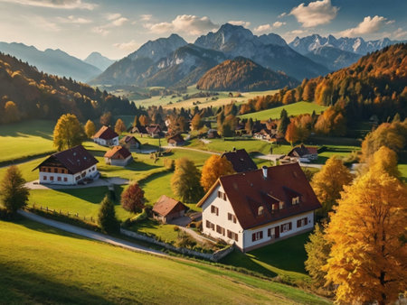 Autumn alpine landscape with small village in Bavaria, Germanyの素材