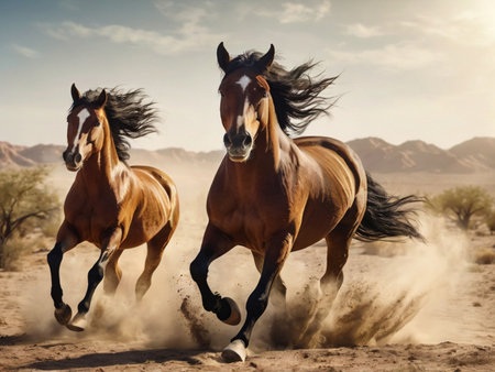 Two horses galloping in the desert. California, United States.の素材