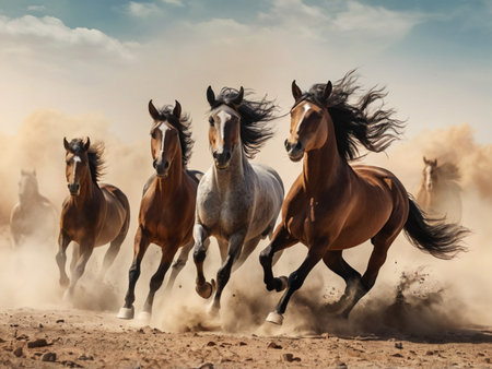 Horses run gallop through dust in the desert on a sunny dayの素材