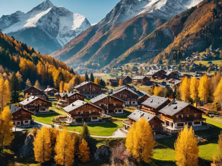 Beautiful alpine village in the Swiss Alps in autumn, Switzerlandの素材