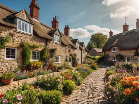Cobbled street with cottages and flowers in the English countryside.の素材