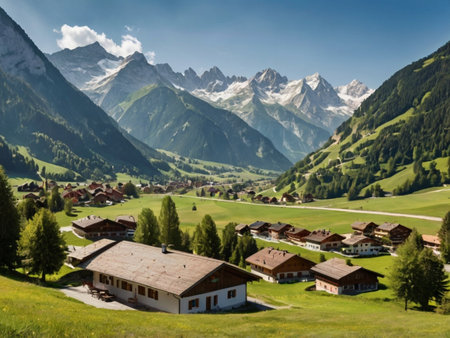 Panoramic view of alpine village with snow capped mountains in background, Switzerlandの素材