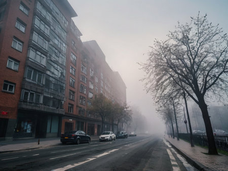 Morning fog on the street in the city. Foggy weather.の素材