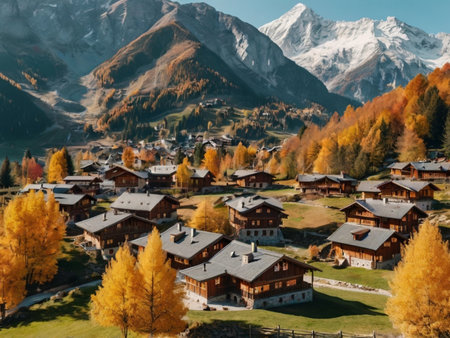 Autumn alpine landscape with traditional Swiss wooden houses, Switzerlandの素材