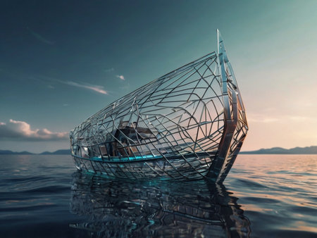 3d render of a ship in the sea with reflection on waterの素材