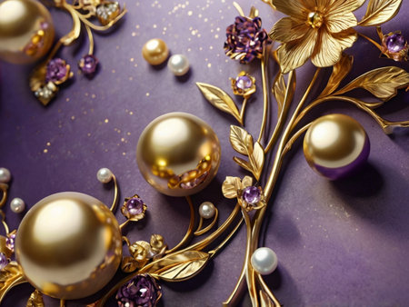Beautiful gold and purple background with pearls and ornamentsの素材