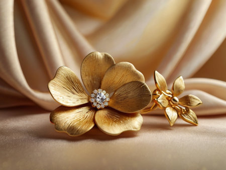 golden brooch on satin background, closeup of photoの素材