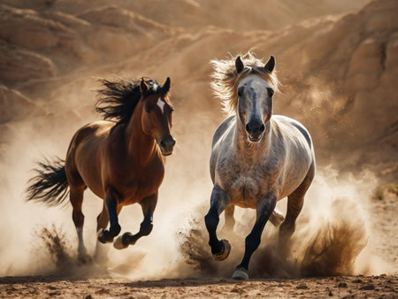 Horses galloping in the dust on a sunny day in the desertの素材