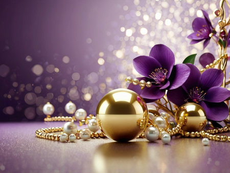 golden pearls and flowers on a purple bokeh backgroundの素材