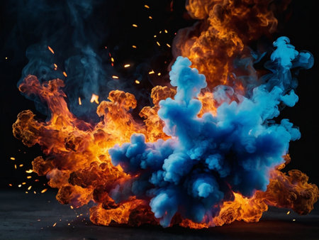 Fiery explosion on a black background. Fire and smoke in the dark.の素材