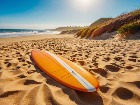 Surfboard on sand dunes at sunny day. Vacation conceptの素材