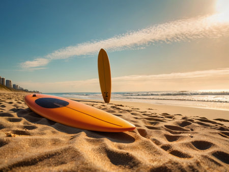 Surfboard on the beach at sunset. Summer vacation concept.の素材