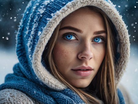 Portrait of a beautiful young woman with blue eyes in a winter park.の素材