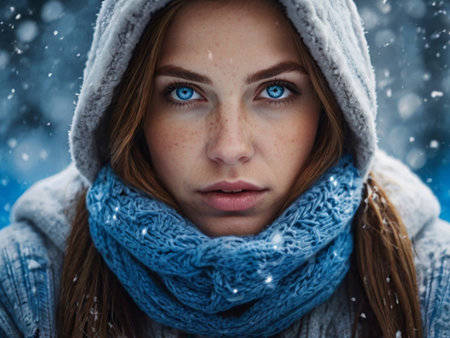 Portrait of a beautiful young woman with blue eyes in winter parkの素材